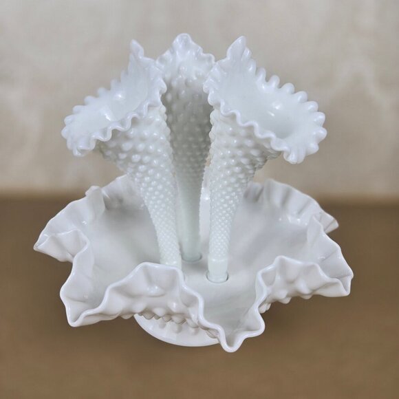 Fenton White Hobnail Three Horn Epergne Milk Glass Ruffled Vintage Large Size